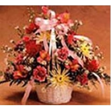 Basket with roses, carnations and chrysanthemums
